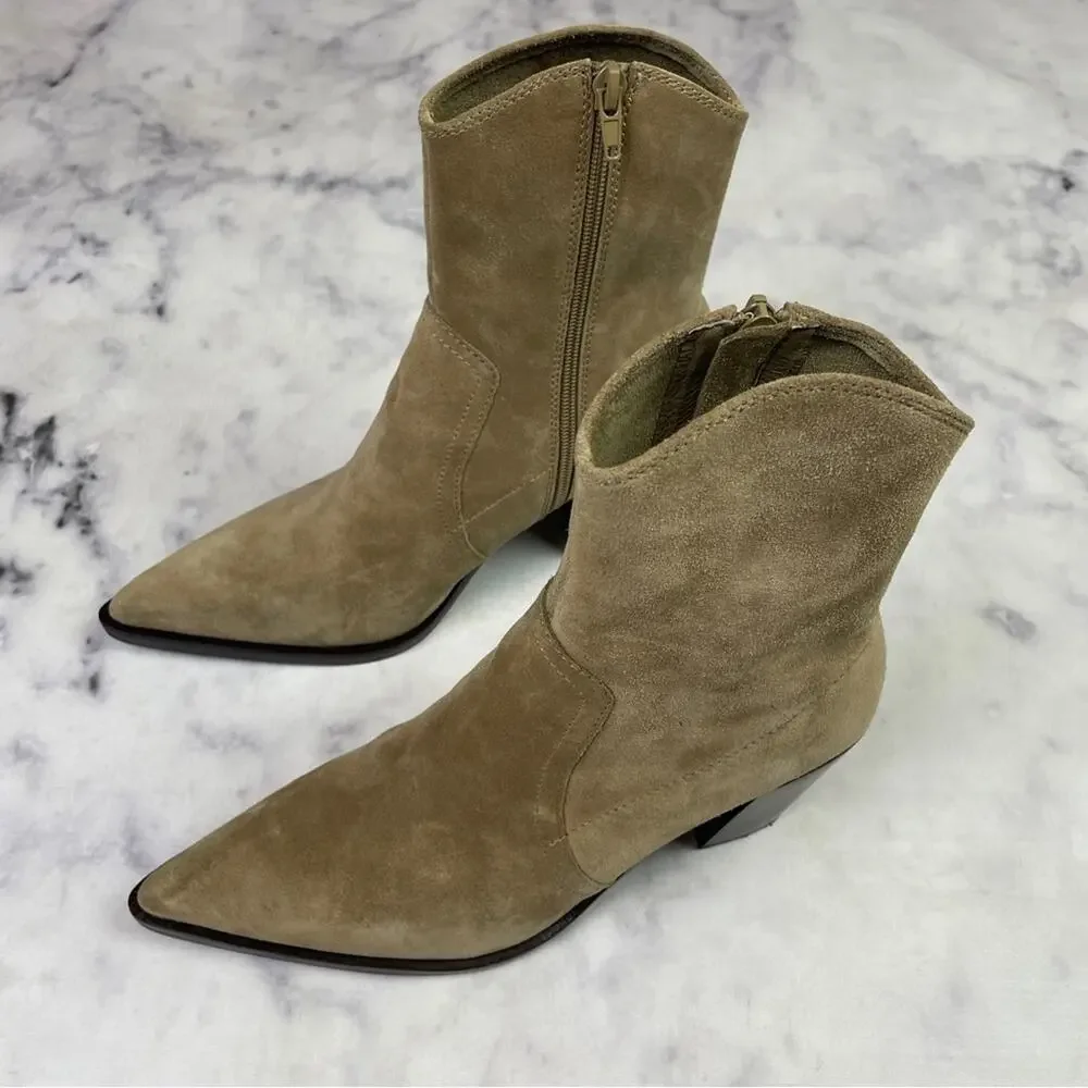 Jeffrey Campbell Jolena Tobacco Suede Ankle Boots Pointy Toe Stacked Heel Sz 8.5